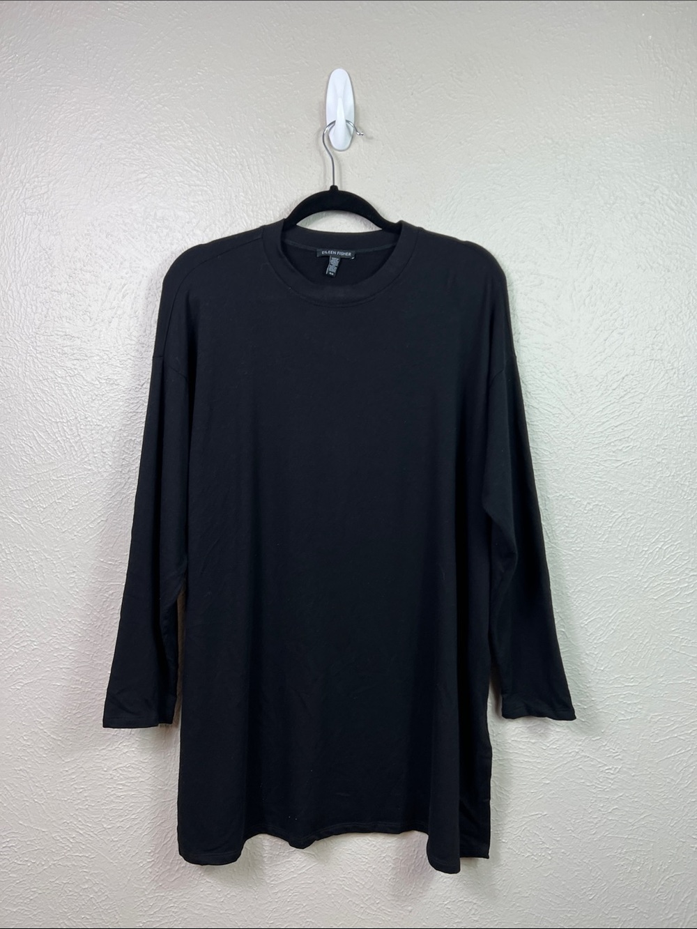 Eileen Fisher Black Cotton Blend Long Sleeve Round Neck Relaxed Tunic Top Medium